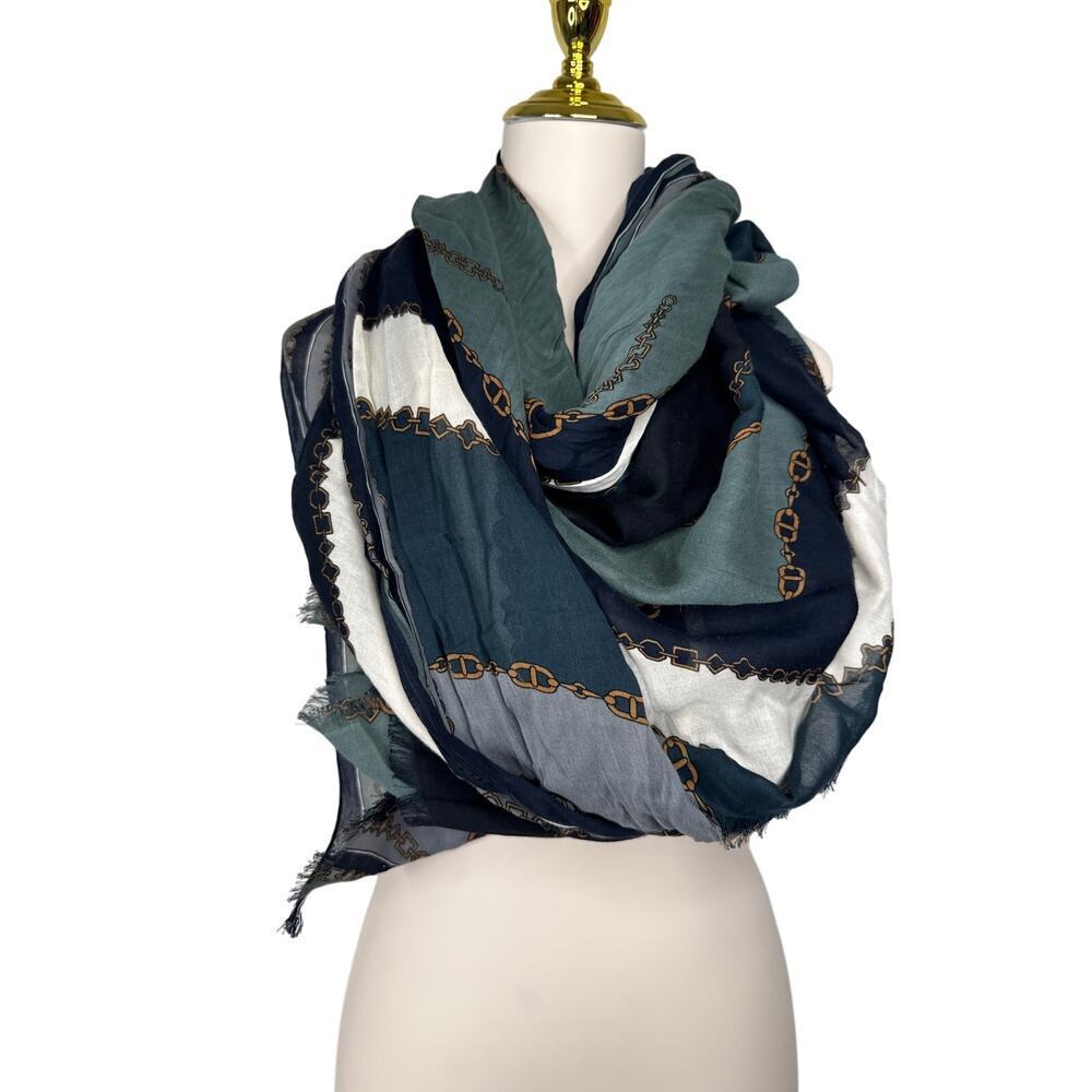 Oversized Navy Teal Chain Print Scarf Wrap Shawl Lightweight Fringe